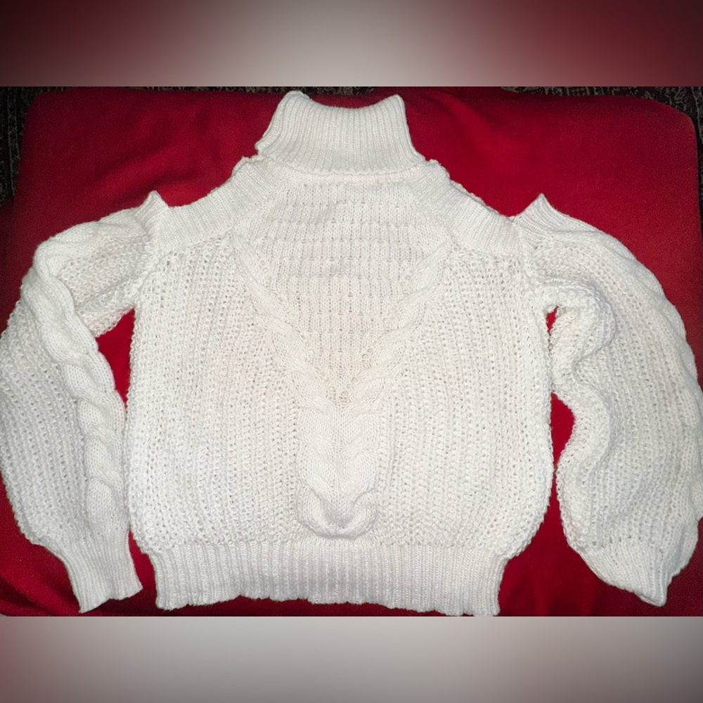 Women's White Turtleneck Knit Sweater with Cut Out Shoulders